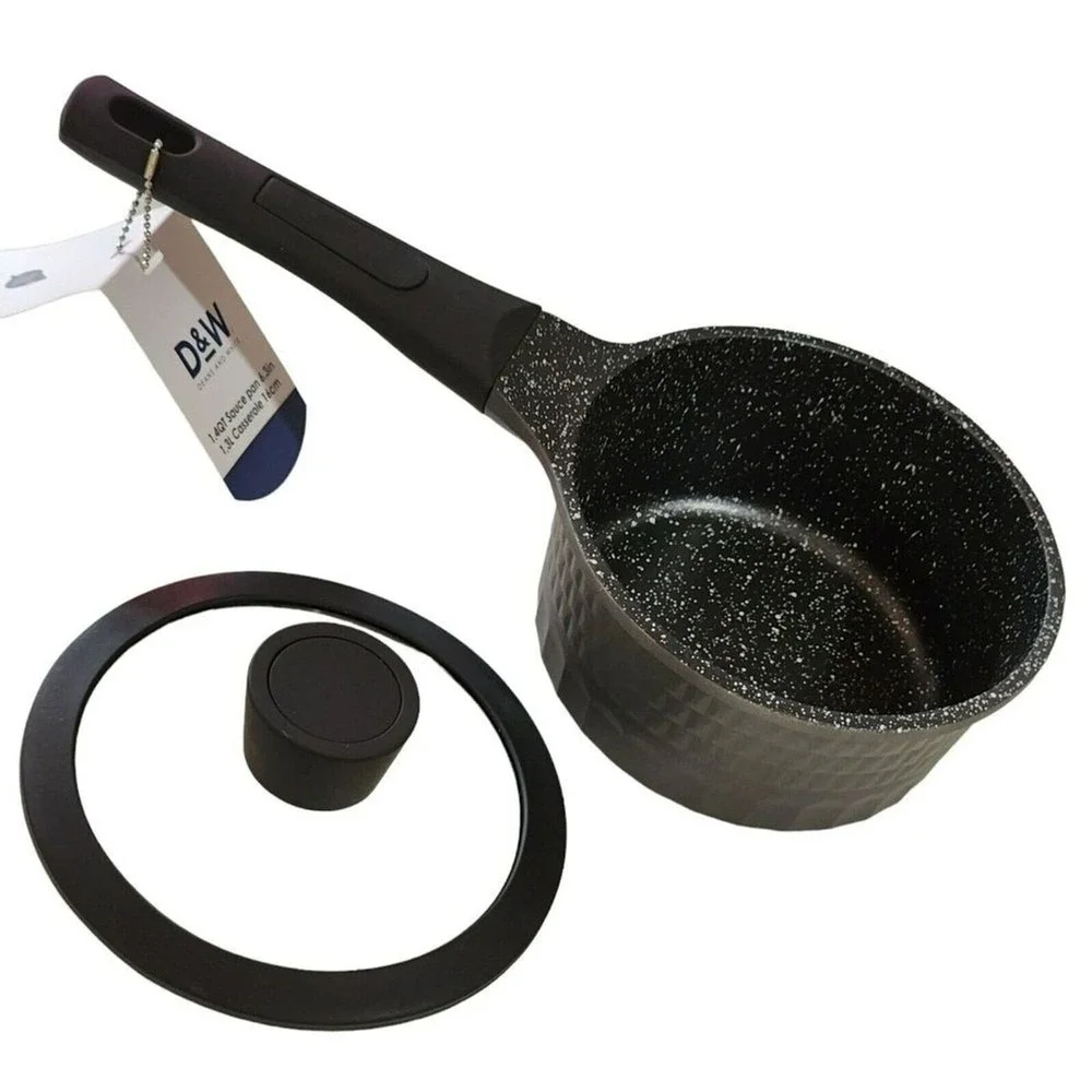 D&W Premium Cookware 6.3in Saucepan Casserole Nonstick With Lid 1.4Qt Black